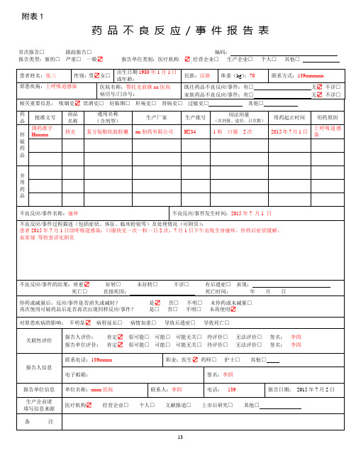 药品不良反应报告例子