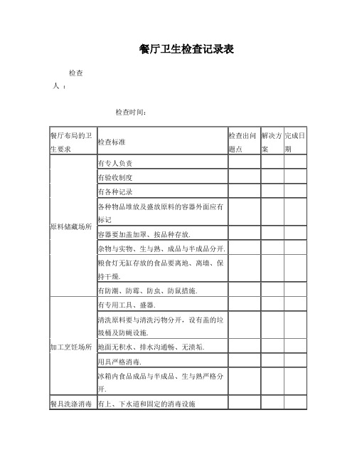 餐厅卫生检查表