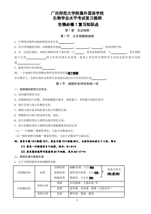 高中生物学业水平考试提纲必修一