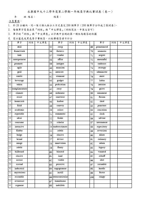 永康国中九十三学年度第二学期一年级查字典比赛试卷(卷...