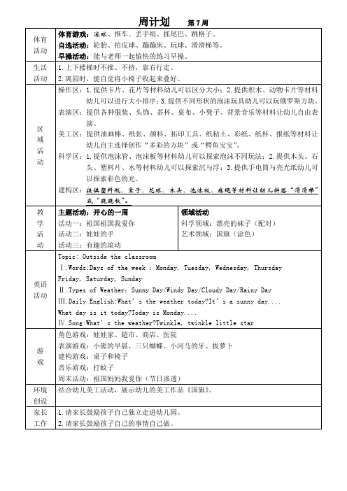 幼儿园小班周计划第7周