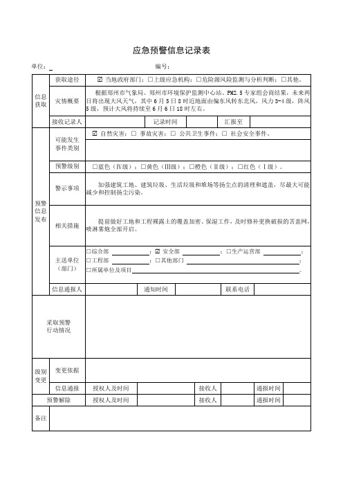 公司应急预警信息记录表