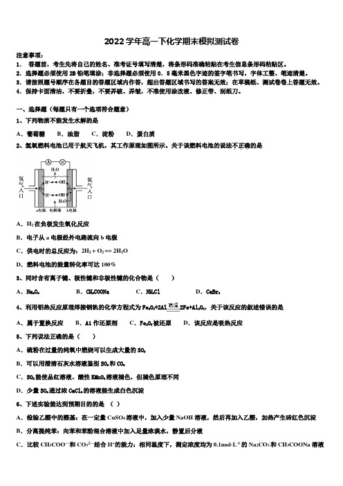 2022学年安徽省高一化学第二学期期末考试试题(含答案解析)