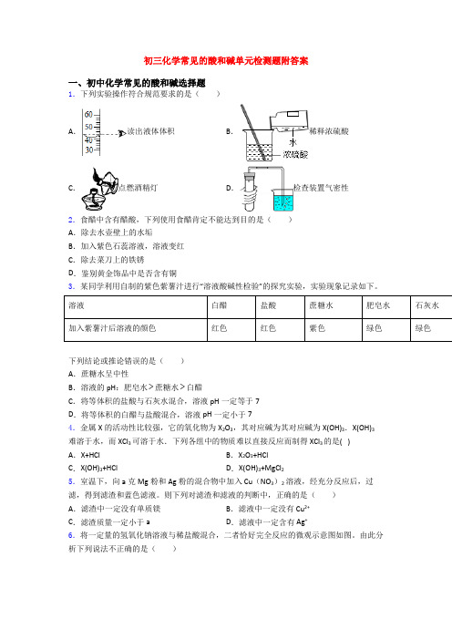 初三化学常见的酸和碱单元检测题附答案