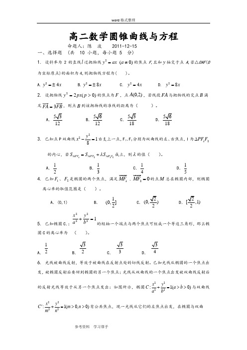 数学北师大版高中选修2-1高二数学圆锥曲线与方程