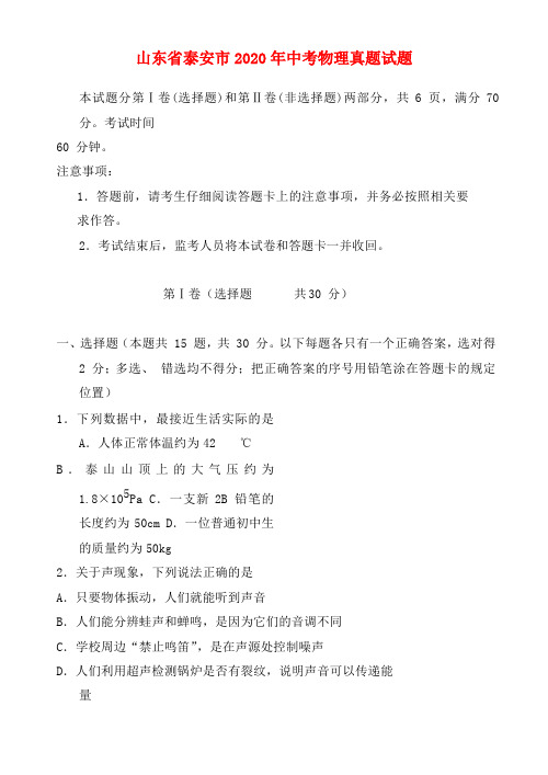 山东省泰安市2020年中考物理真题试题(含答案)(1)