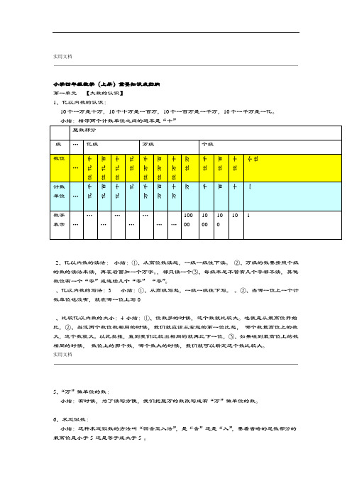 小学四年级数学上册重要知识点归纳