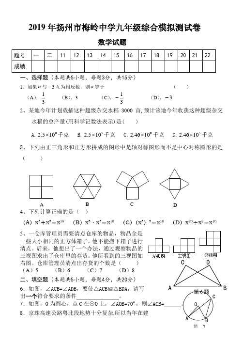 2019年扬州市梅岭中学九年级综合模拟测试卷数学试题