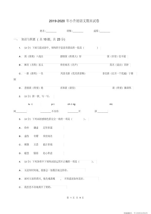 (精品文档)2019-2020年小升初语文期末试卷