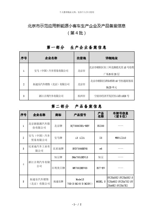 北京市示范应用新能源小客车生产企业及产品备案信息