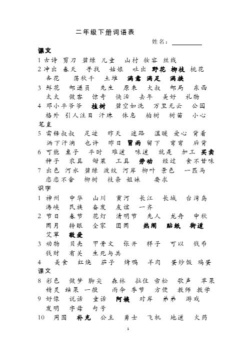 部编二年级下册词语表