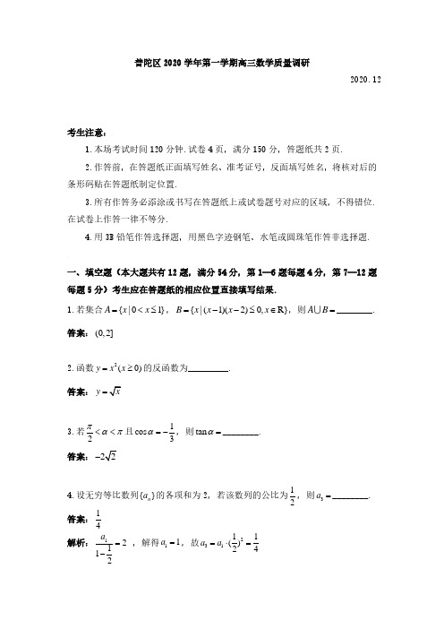 2020-2021年上海普陀区 第一学期高三数学质量调研 一模解析