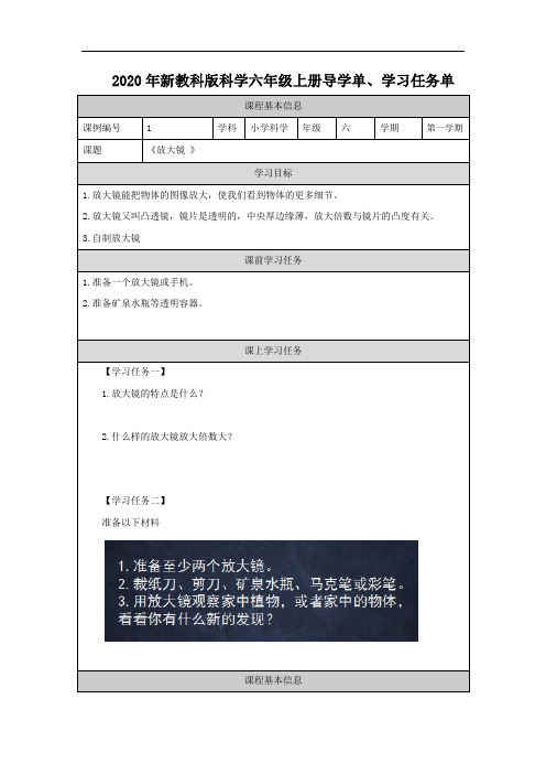 2020新教科版科学六年级上册全册导学单、学习任务单