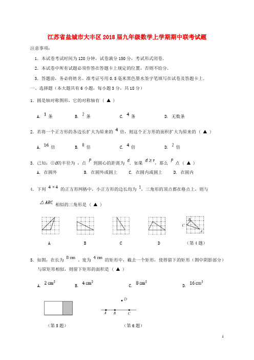 江苏省盐城市大丰区2018届九年级数学上学期期中联考试题