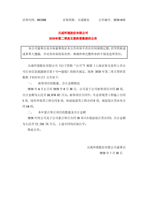 元成股份:2020年第二季度主要经营数据的公告