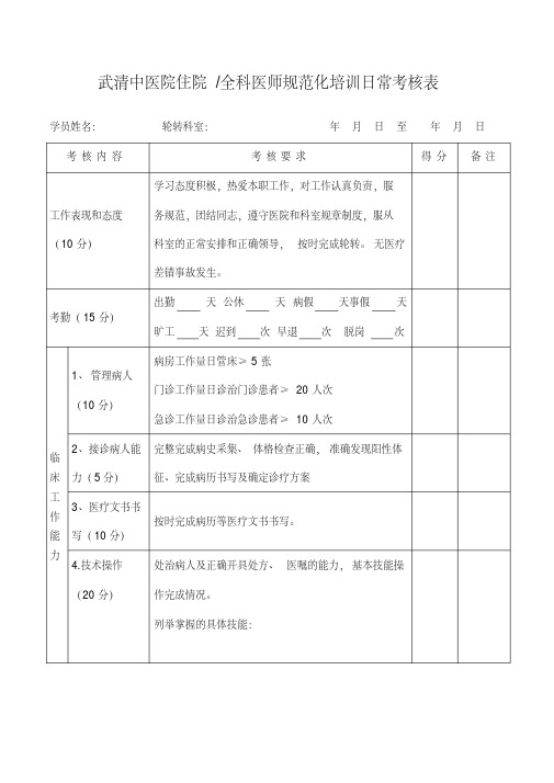 带教教师对规培医师日常考核表