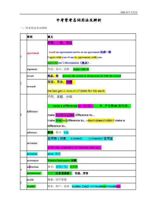 中考英语常考名词用法及辨析(word精编版)