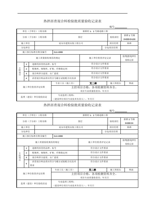 热拌沥青混合料检验批质量验收记录表