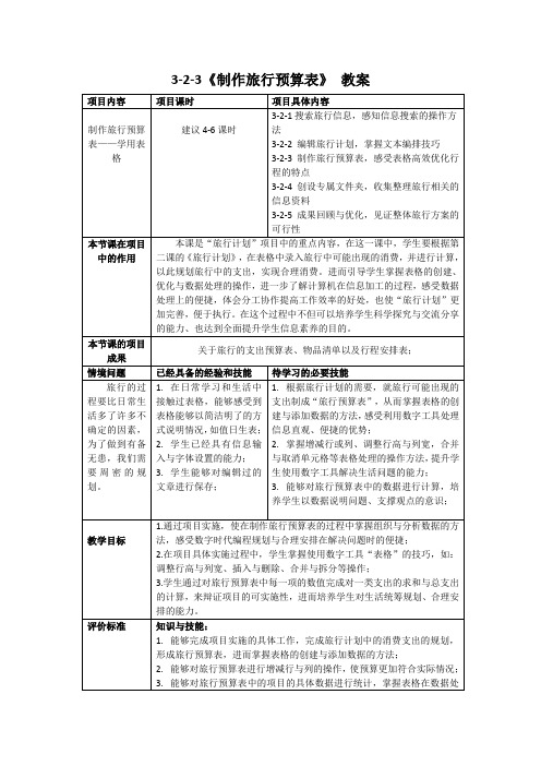 2-3 制作旅行预算表——学用表格(教案)