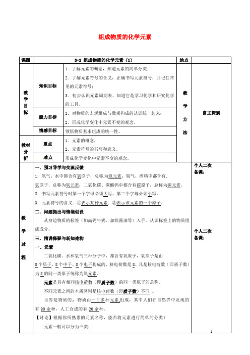 九年级化学全册第三章物质构成的奥秘3.2组成物质的化学元素教案1沪教版