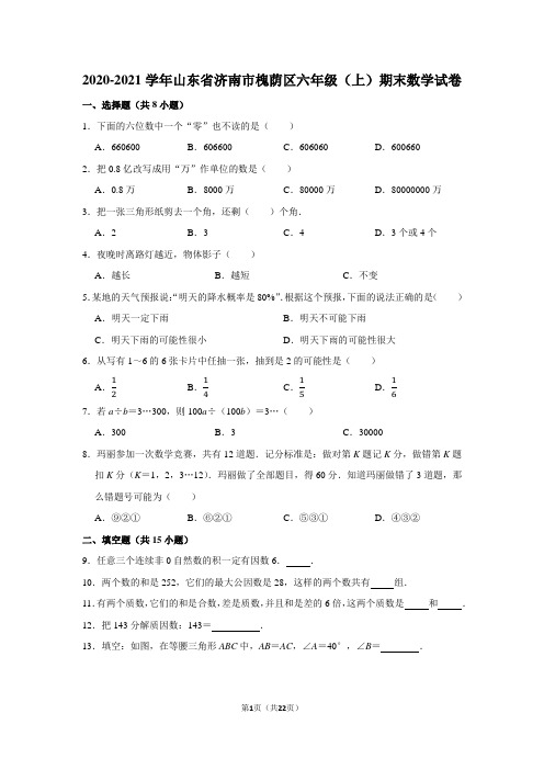 2020-2021学年山东省济南市槐荫区六年级(上)期末数学试卷(学生版+解析版)