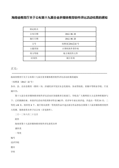 海南省教育厅关于公布第十九届全省多媒体教育软件评比活动结果的通知-琼教备[2012]22号