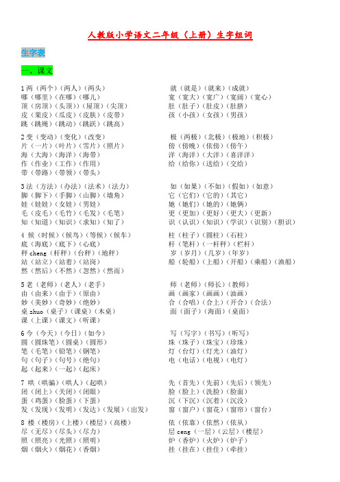 人教版小学语文二年级上、下册生字组词 (下册含拼音)