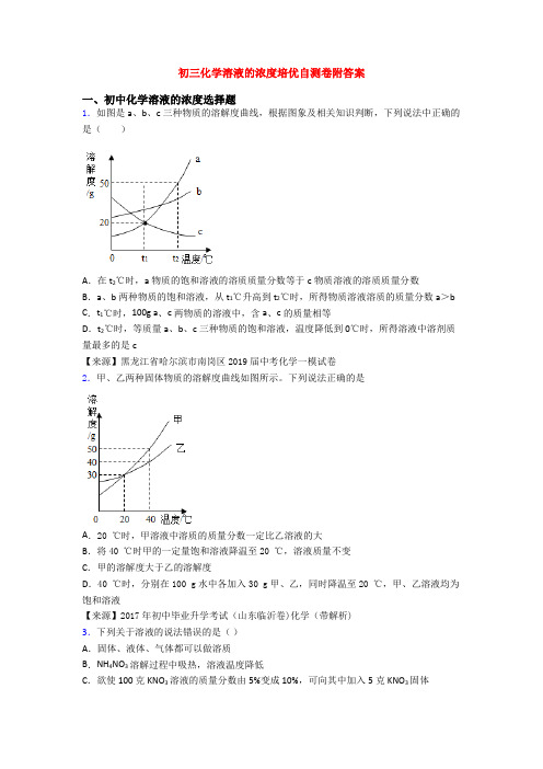 初三化学溶液的浓度培优自测卷附答案