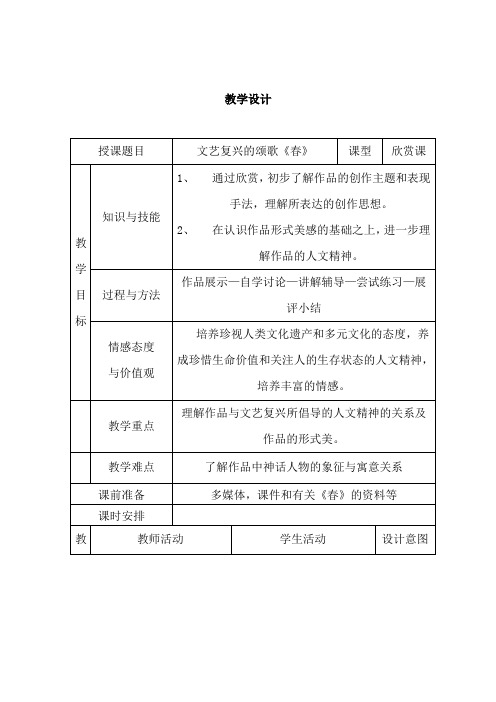 人美版八年级下册美术《文艺复兴的颂歌——春》教学设计