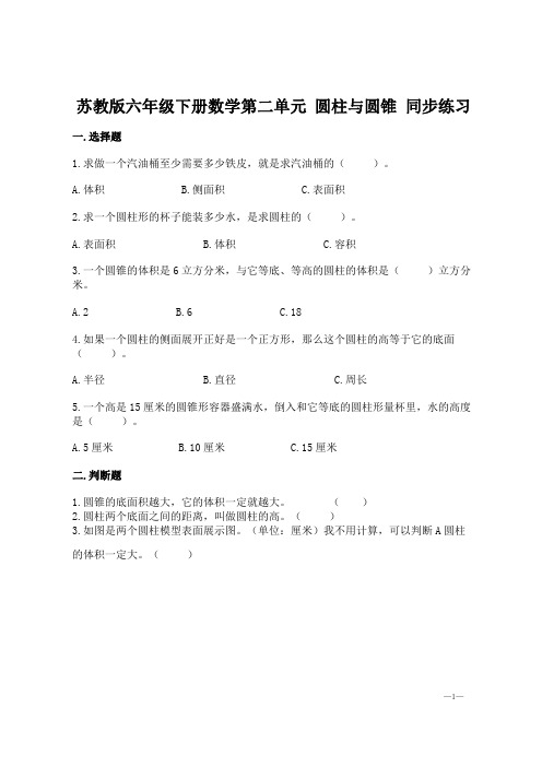 苏教版 小学六年级下册数学 第二单元 圆柱与圆锥 同步练习 (含答案)