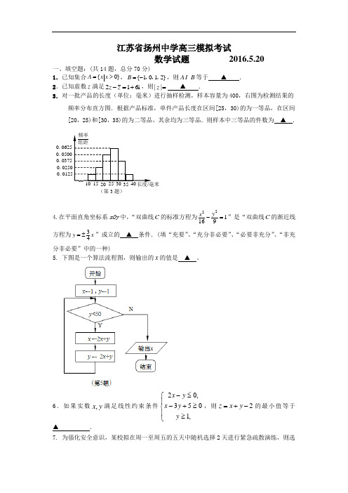 【高考模拟】江苏省扬州2016届高三四模(5月) 数学 Word版含答案
