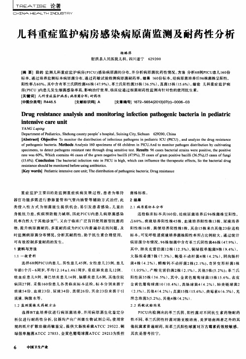 儿科重症监护病房感染病原菌监测及耐药性分析