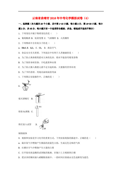 云南省曲靖市2016年中考化学模拟试卷(4)(含解析)