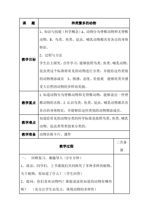 六年级科学上册《种类繁多的动物》教学设计