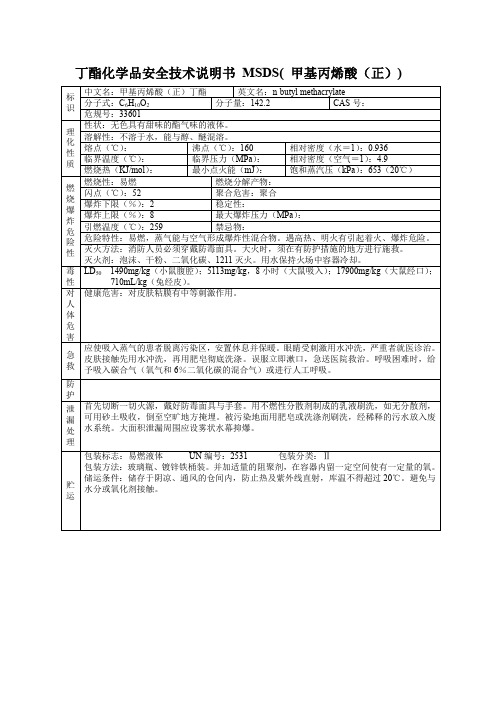 丁酯化学品安全技术说明书 MSDS( 甲基丙烯酸(正))