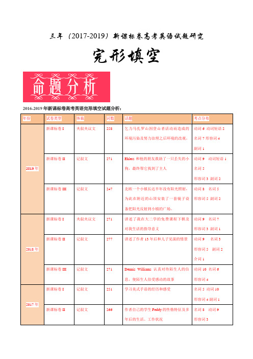 完形填空-三年(2017-2019年)新课标卷高考英语试题研究