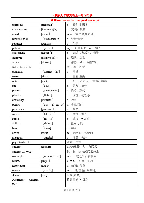 人教版九年级全册英语单词词汇表