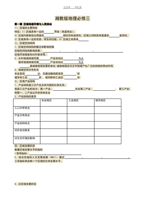 湘教版高一地理必修三知识点