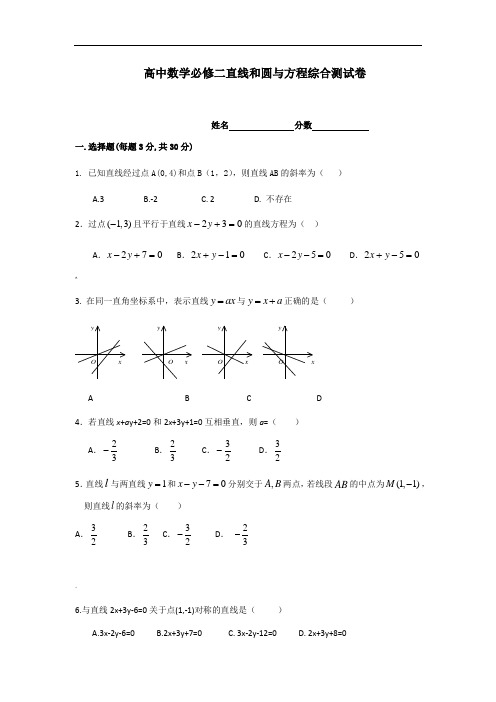 高中数学必修二直线和圆与方程综合测试卷