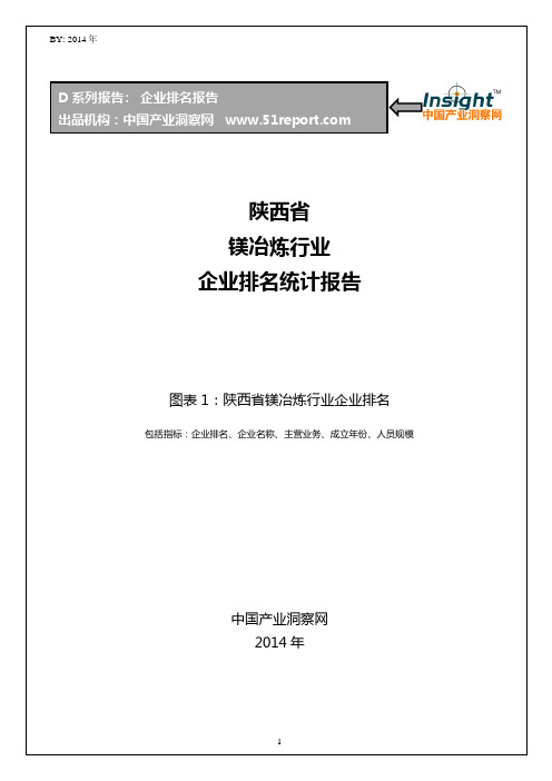 陕西省镁冶炼行业企业排名统计报告