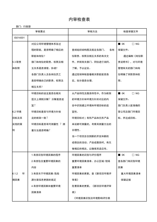 iso14001-2015行政部内审检查表