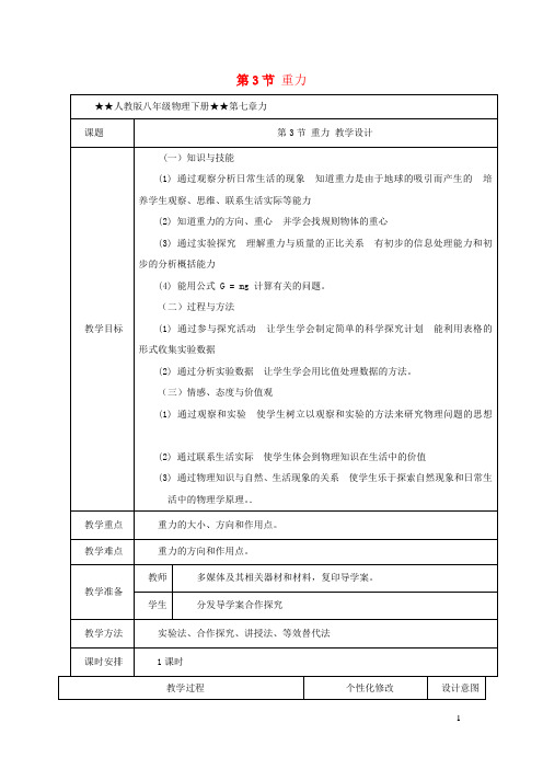 2019_2020学年八年级物理下册7.3重力教学设计(新版)新人教版