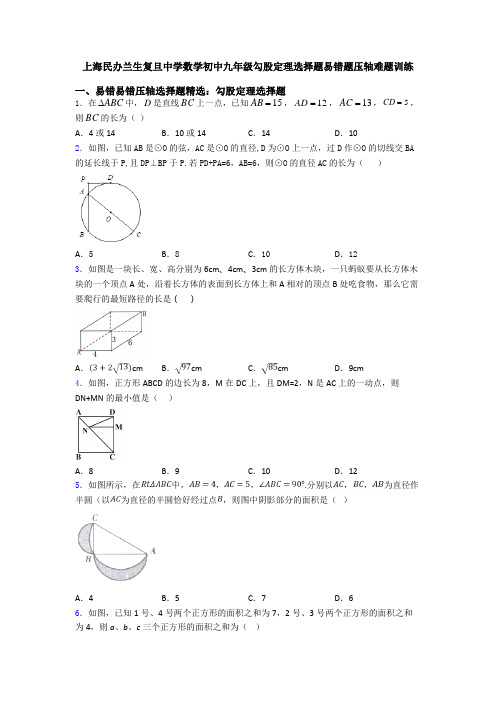 上海民办兰生复旦中学数学初中九年级勾股定理选择题易错题压轴难题训练