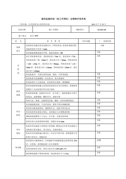 建筑施工起重机械(施工升降机)定期维护保养表