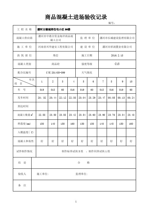 商品混凝土进场验收记录 -