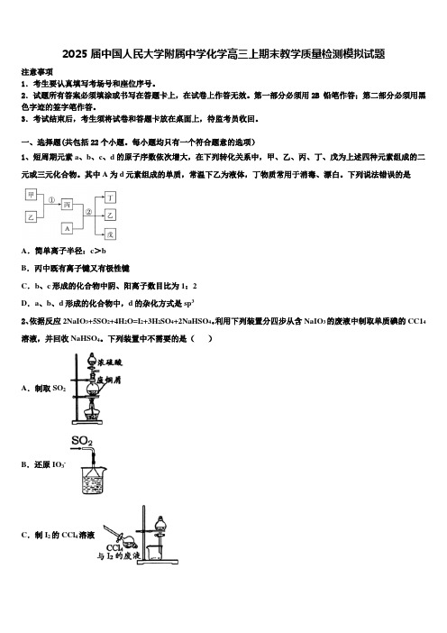 2025届中国人民大学附属中学化学高三上期末教学质量检测模拟试题含解析