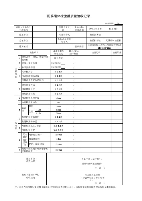 配筋砌体检验批质量验收记录