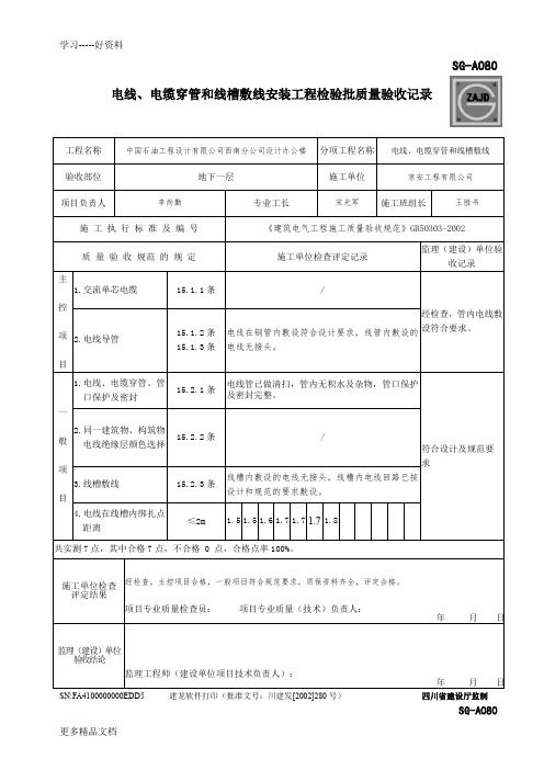 SG-A080电线、电缆穿管和线槽敷线安装工程检验批质量验收记录(1)教案资料