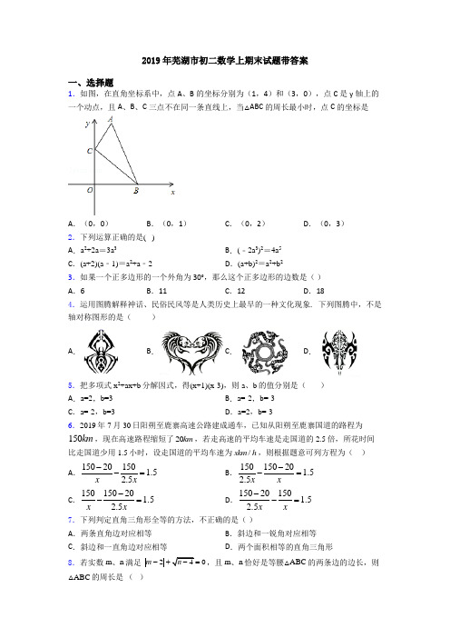 2019年芜湖市初二数学上期末试题带答案