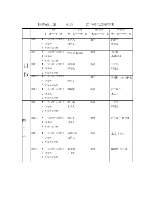 阳光幼儿园--春季--各班-----周户外活动安排表